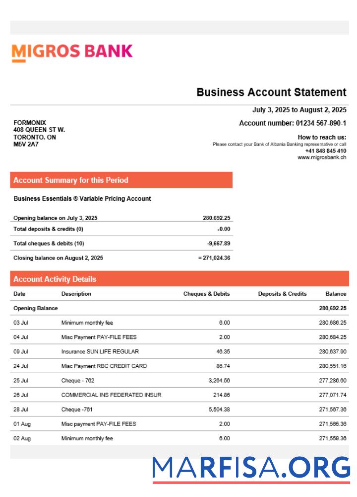 Realistic Swiss Migrosbank enterprise statement Word and PDF format real example